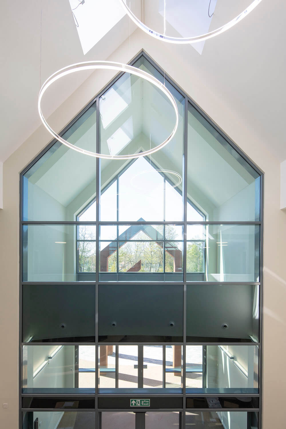 Double-height glazed entrance atrium at Foss Park Hospital, York